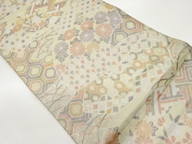 佐賀錦地紙に花々・古典柄模様織出し袋帯